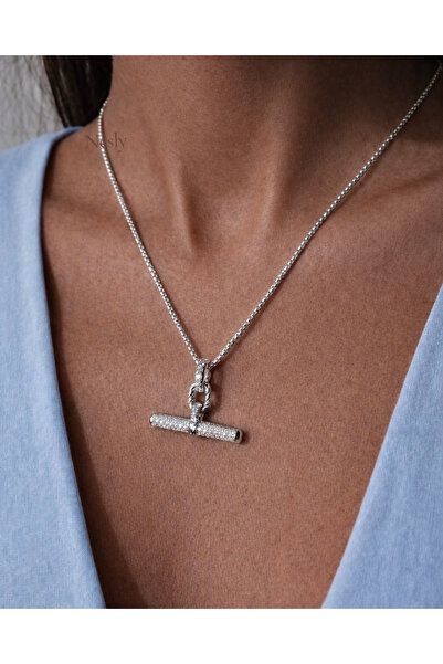 neslyaccessories Sparkling t-bar clasp stone chain necklace - silver