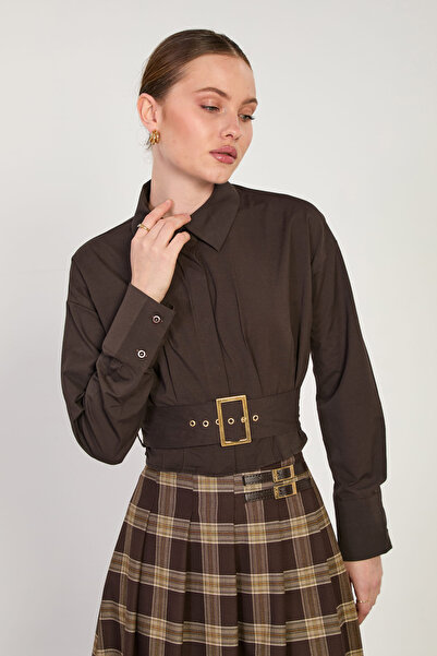 BARRELS AND OIL Women's belted, pleated long sleeve short shirt - coffee