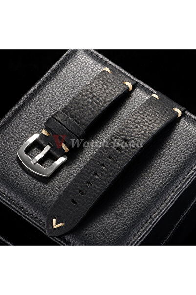 Choice6 20mm Black-Silver 18/20/22mm Universal Genuine Cowhide Watch Band Met...