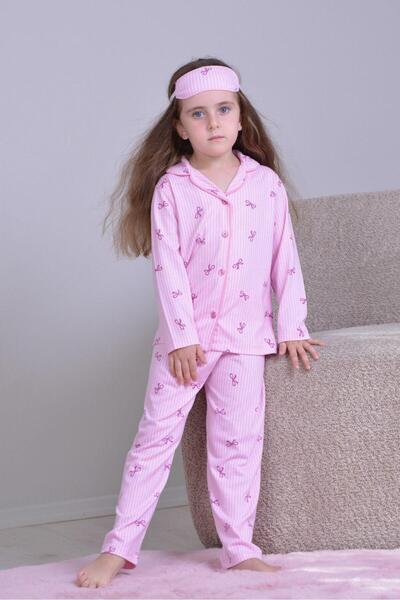 pebby Kız Çocuk Desenli Uzun Kollu Pijama Takımı - Göz Bantlı