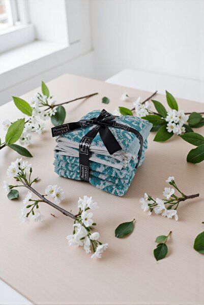 Arte Cotone Premium Turquoise Patterned Hand Towel Set of 6 |   35X35