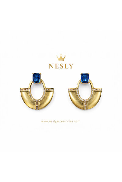 neslyaccessories Navy Blue Stone Detailed Sparkling Gold Earrings