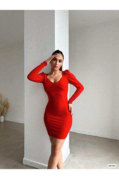 Modafeminen Κόκκινο τετράγωνο γιακά με μανίκια καρπούζι, μίνι φόρεμα για εκδη...