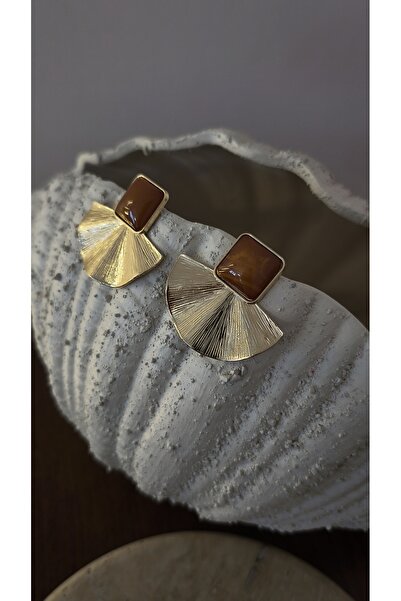 VOBEEYKU Coffee Stone Detailed Serrated Plate Fan Model Earrings