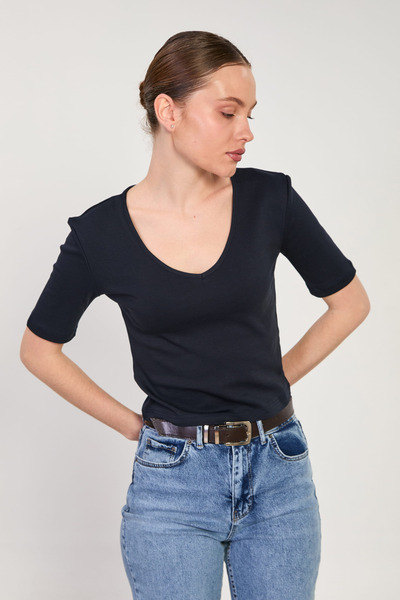 BARRELS AND OIL Women's deep v-neck short sleeve bodysuit - navy blue