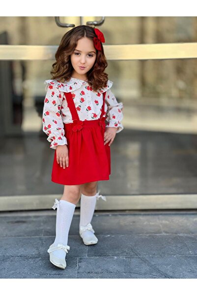 Yağmurun Butiği Girl's Red Salopet, Gilet and Ruffle Collar Floral Shirt Set ...