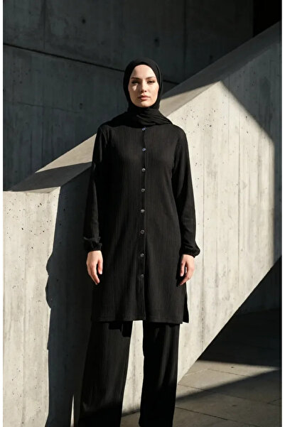 sefamerve Buttoned Hijab Double Set 2232-05 Black