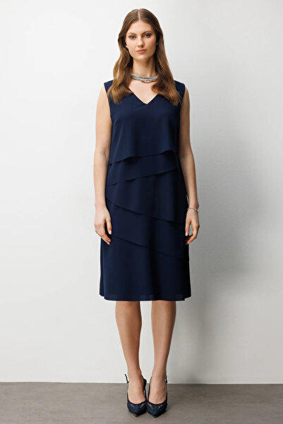 Ekol Women's Plus Size Sleeveless Layered Midi Dress 6510 Navy Blue