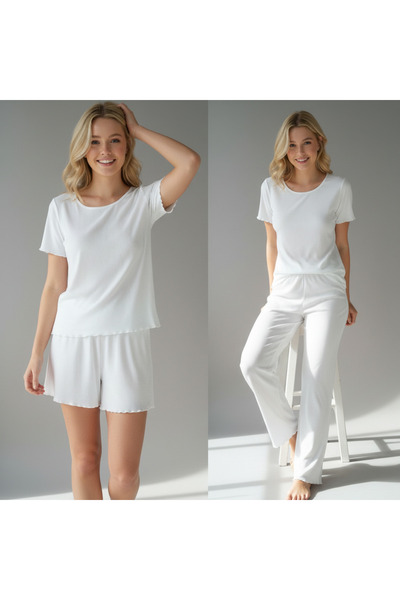 BONBON Women's Ecru Color Short Sleeve Pajamas and Shorts 3-Piece Cotton Set ...