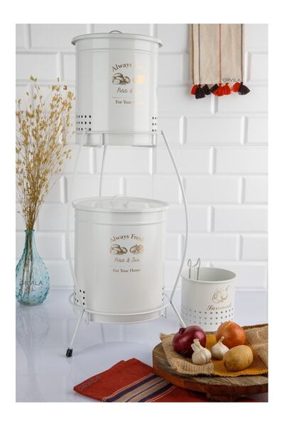 FeyzaDesign Çift Katlı Sarımsaklık ve Patates Soğanlık Kovası, Beyaz, Büyük Boy