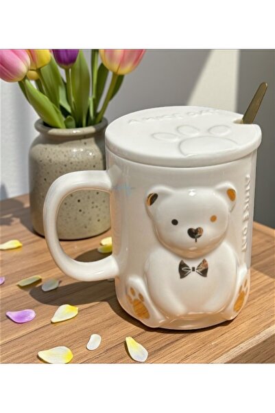lstri Porcelain Mug with Spoon Cute Teddy Bear Design Mug