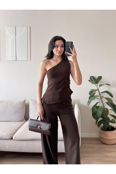 Zoom Butik Tek Omuz Çizgili Takım - KAHVE