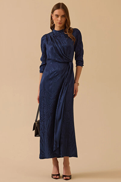 SEÇİL Kadın Desenli Parlak Dokulu Uzun Elbise 1016 Lacivert