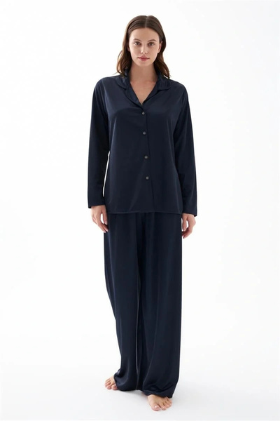 Beruflic Women's Navy Blue Oversize Satin Pajama Set – Comfortable Fit Stylis...