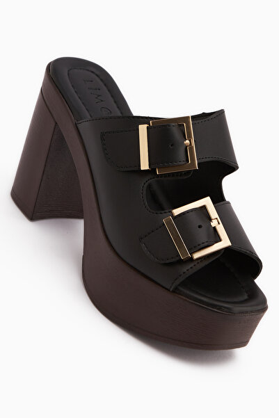 Limoya Leida Black Buckle Platform Heeled Women's Slippers
