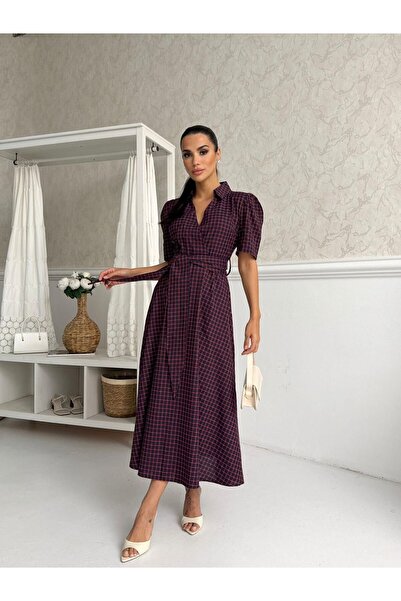 LAMİFUSTORE Plaid Shirt Collar Belt Detail Dress