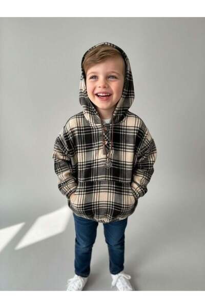 Zekids Hanorac cu glugă cu model în carouri pentru băieți