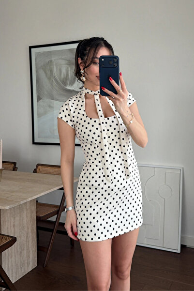 MOZENA White Polka Dot Patterned Mini Designer Dress