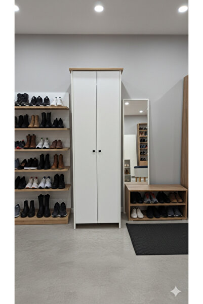 KZY Mobilya Şapkalı 8 Raflı Ayakkabılık,Ayakkabı Dolabı Meşe-Beyaz