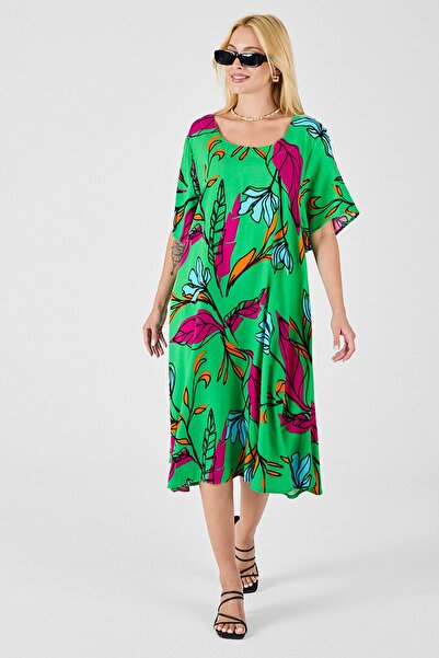 Trend Alaçatı Stili Γυναικείο φόρεμα με μοτίβο με πράσινο φύλλο με κοντό μανί...