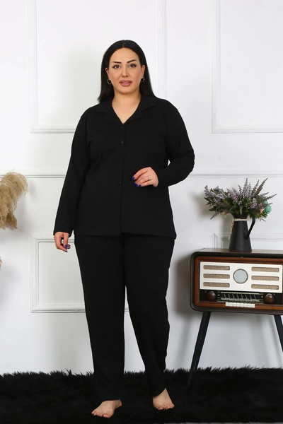 Beruflic Women's Plus Size Cotton Pocketed Buttoned Black Pajama Set