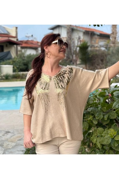 Punta Otantik MS2693 Bluză Angora cu jumătate de mânecă imprimată, cu aripi î...