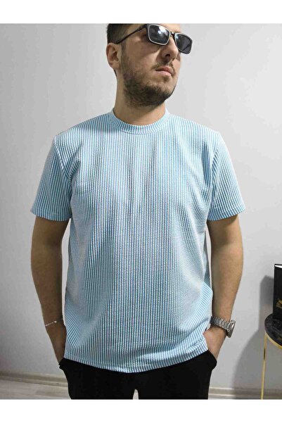 ROSS MODA Erkek Rahat Kalıp Mavi Beyaz Su Yolu Kumaş Basic Bisiklet Yaka T-Shirt