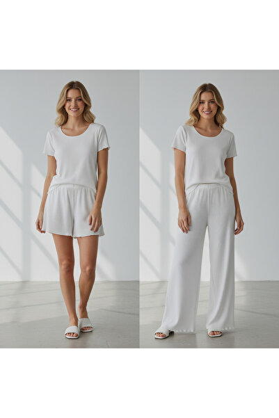 BONBON Women's White Color Short Sleeve Pajamas and Shorts 3-Piece Cotton Set...