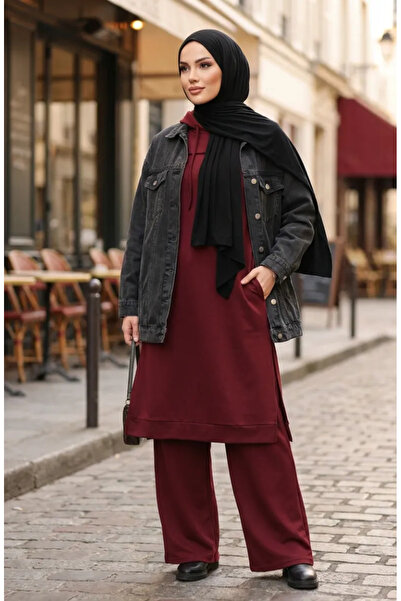 sefamerve Two-Thread Hooded Two-Piece Set 3084-03 Burgundy