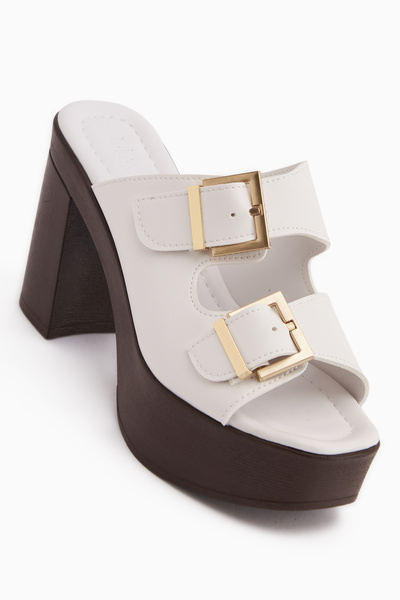 Limoya Leida White Buckle Platform Heeled Women's Slippers