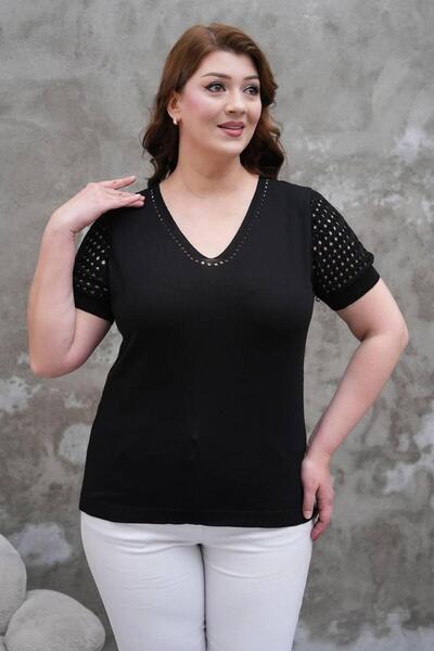 D LAVELLA Women's Plus Size Blouse with Openwork Sleeves and V-Neck