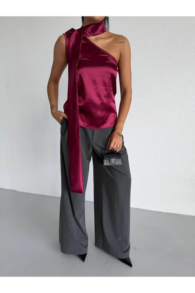 hazelin Women's Burgundy Satin Shawl Collar Neck Tie Asymmetrical Blouse Hzl2...