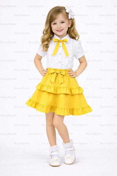 Nacar Kız Çocuk 23 Nisan 29 Ekim Fırfır Etek&Fiyonk Detaylı Gömlek - Kız Çocu...