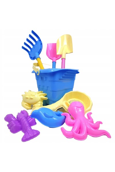 zola Top Bottom Set of 9 sand toys, with blue bucket, 5 shapes, shovel, rake,...