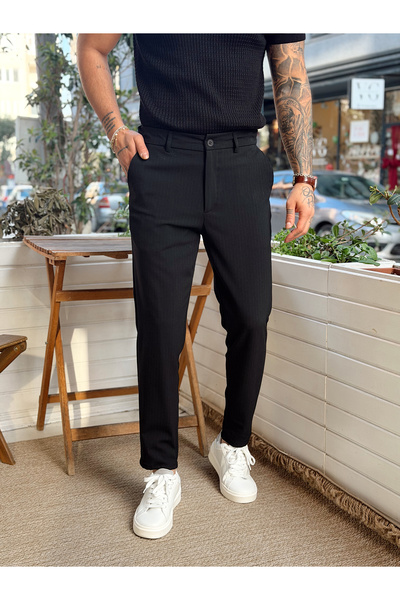 manch collection Italian Cut Striped Fabric Trousers Black