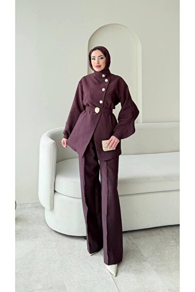 Molly Nelly Kadın Arkası Şal Detaylı Şık Kemerli Tunik Pantolon Takım