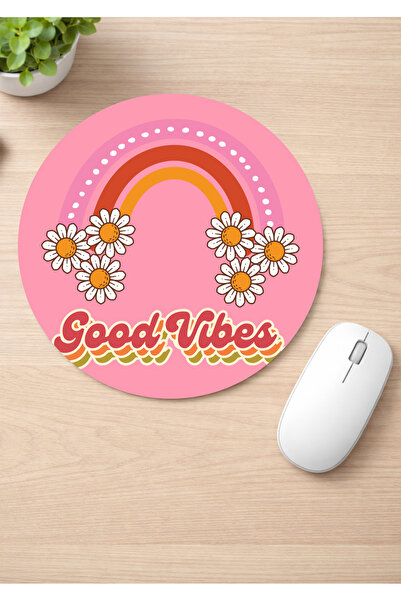 Eylül Design Good Vibes Printed Round Non-Slip Mousepad Motivational Ergonomi...