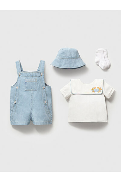 LisaLoom Baby Boy Sailor Themed Set of 4 – Denim Overalls, Crab Embroidered S...
