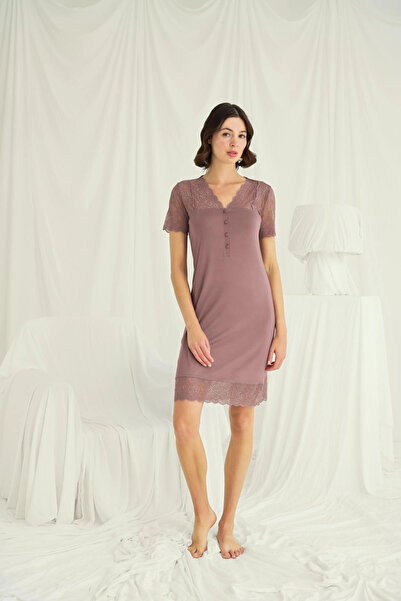 Beruflic Nightgown with Lace on the Collar, Sleeves, Shoulders and Hem, Butto...