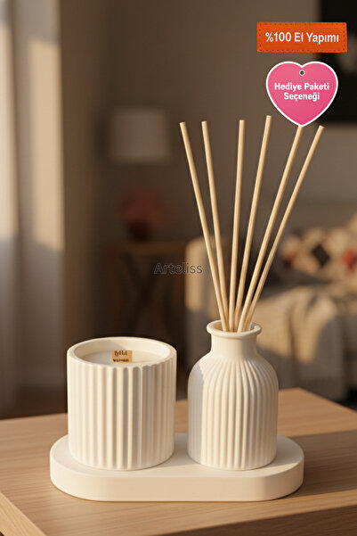 Arteliss Dekoratif Tepsili Oda Kokusu Set - Lavanta Kokulu Mum, Bambu Çubuklu...