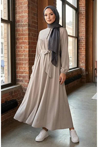 sefamerve فستان بيلماندو من القماش بحزام نصف زر 2166-10 لون مينك فاتح