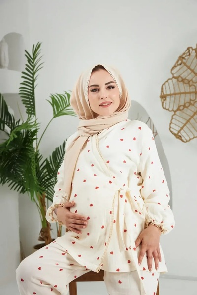 Lollybabies Lolly Babies Lohusa Pijama Takımı | Kırmızı Kalp | Pamuklu