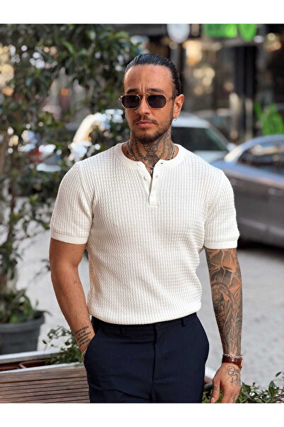 manch collection 3-Button Knitted Detailed Knitwear T-Shirt White