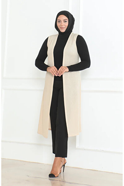 sefamerve Large Size Flowy Long Seasonal Vest 8739-02 Beige