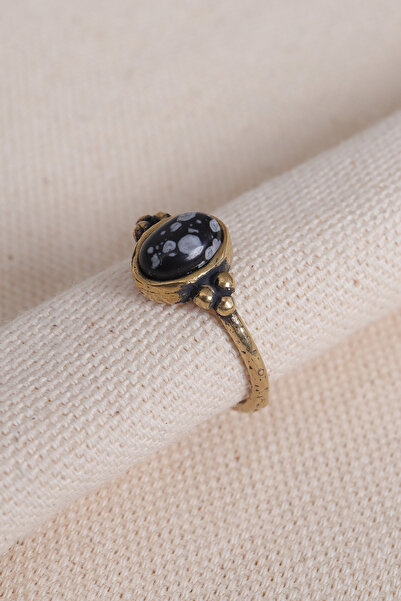 Süspüs Accessories Adjustable Oval Authentic Ring with Snowy Obsidian Stone