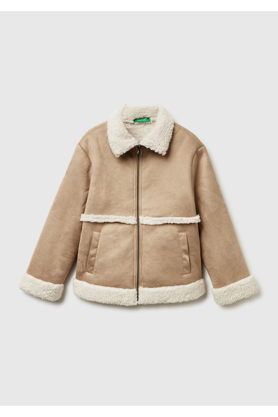 United Colors of Benetton Детско яке от изкуствена кожа с детайлен джоб и яка...