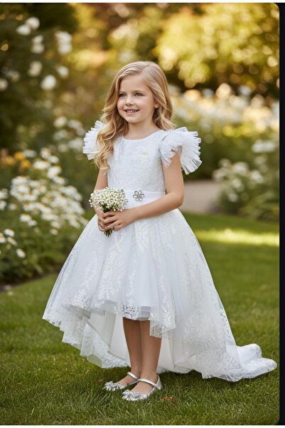 Gala simli arkası uzun kız çocuk elbise