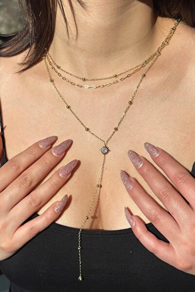 TAKIŞTIR Altın Renk Taş Detaylı 14K Altın Kaplama VİP Y Kolye