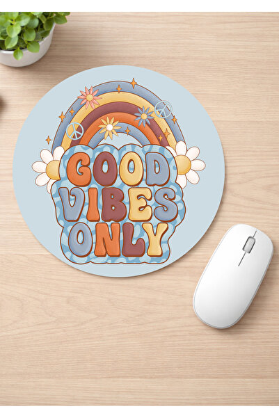 Eylül Design Good Vibes Printed Round Non-Slip Mousepad Motivational Ergonomi...
