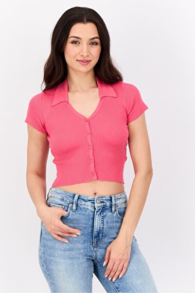 Don't Call Me Jennyfer Women V Neck Short Sleeve Ribbed Top, Pink